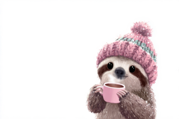 Cute sloth wearing a winter hat and drinking hot chocolate adorable animal illustration for greeting cards and holiday designs isolated on white background