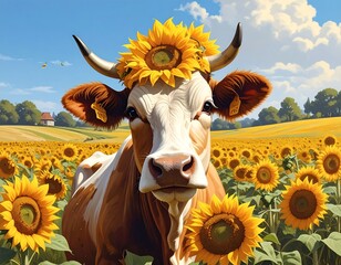 A cow wearing a sunflower crown stands in a vibrant field