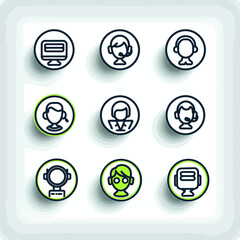 Nine round icons with black outlines, depicting people with headsets and computer screens, on a soft background