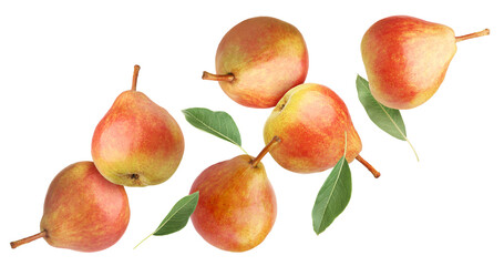 Many fresh pears and green leaves falling on white background