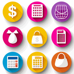 A collection of colorful, flat-design icons arranged in three rows of three, with long shadows