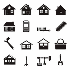 Collection of simple black silhouettes depicting homes, tools, and a basket on a white background