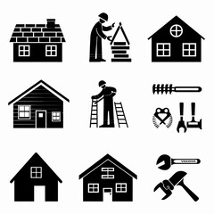 A collection of black silhouette icons depicting construction workers, houses, and various tools