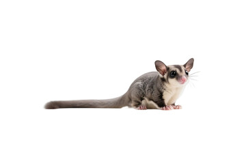 A small sugar glider with a long tail is positioned on a white background, showcasing its cute appearance.