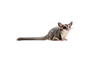 A small sugar glider with a long tail is positioned on a white background, showcasing its cute appearance.