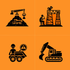 Illustration featuring black icons of construction work, including a crane, scaffolding, and various machinery