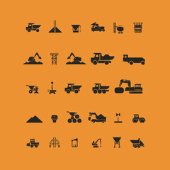 Collection of construction equipment silhouettes on an orange background. Various heavy machinery icons