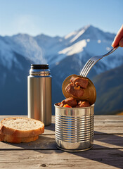 Canned food with fork and thermos on wooden table in mountains  