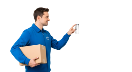 Full body view of a smiling delivery person in a blue uniform, holding a package and ringing a doorbell, isolated on a white background