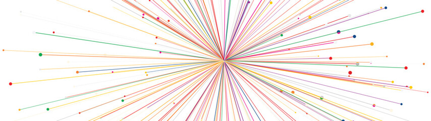 Colorful long linear rays expanding horizontally from center point creating abstract burst panorama with dots on white, futuristic motion background for design and art