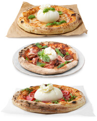 Different pizzas with burrata cheese isolated on white, set