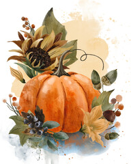 Watercolor pumpkin with fall flowers, acorns and berries. Hand painted illustration
