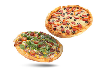 Different delicious pizzas in air on white background