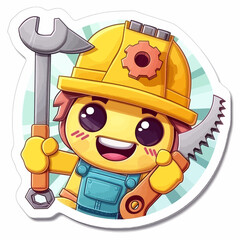 A cheerful cartoon character in a yellow helmet, holding a wrench and a saw with a happy expression