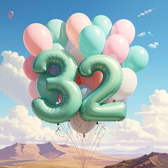 Digit-shaped balloons with others, ascending in a sunny, clear sky over landscape