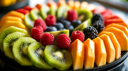 A festive and creative fruit platter with a variety of fruits cut into imaginative shapes for a fun, joyful party.