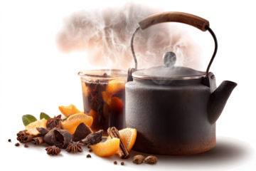 Hot tea with spices and fruit a steaming beverage in a glass and kettle isolated on white background