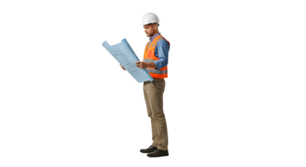 Construction worker in safety vest and hard hat examining blueprints with focus and determination