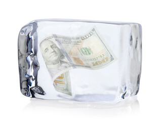 Dollar bill in ice cube on white background. Frozen money