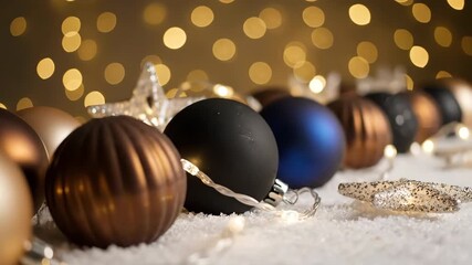 Elegant christmas ornaments in brown, blue and black tones with fairy lights on white snow vintage gold bokeh light - Powered by Adobe