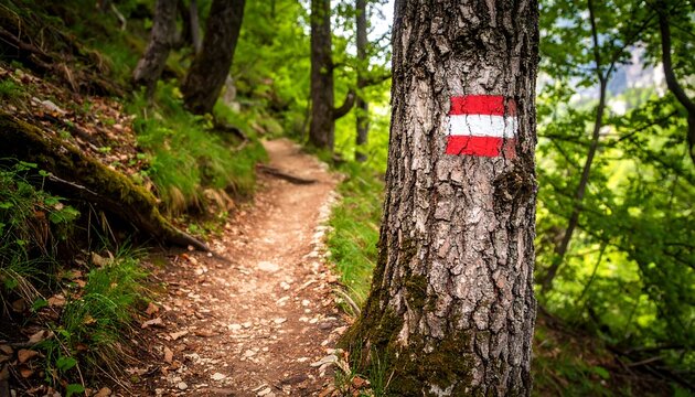 Hiking trail marker in a lush forest