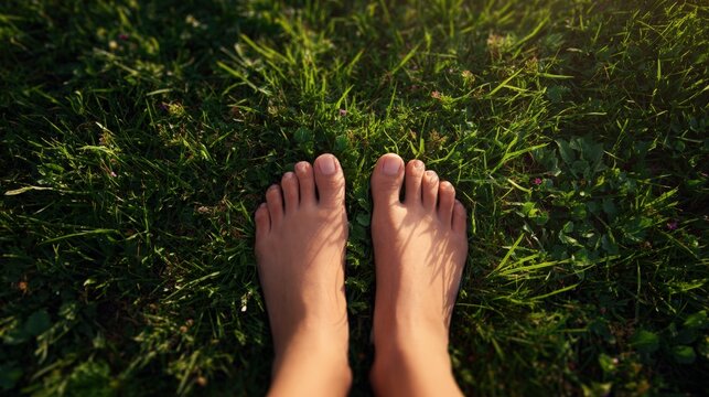 Barefoot On Fresh Green Grass Outdoors, A Peaceful Moment Of Relaxation And Natural Calm