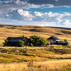 Dilapidated buildings sit in a grassy field under a cloudy blue sky
