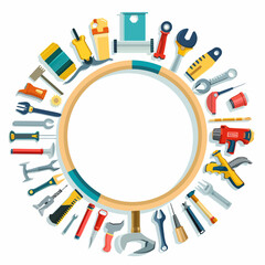 A circular arrangement of various mechanical tools like wrenches, screwdrivers, and hammers, against a white background
