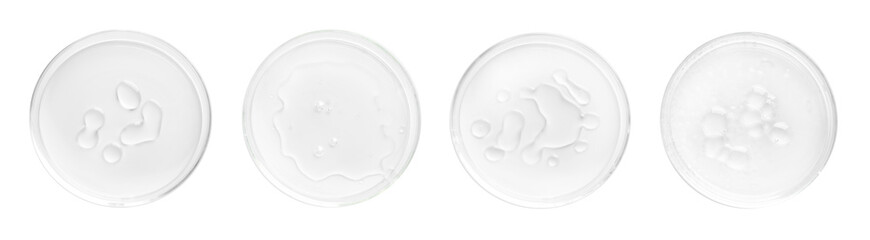 Petri dishes with cosmetic products on white background, top view