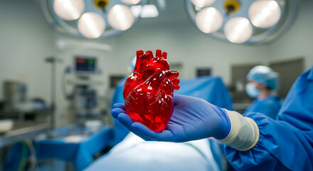 Red glass human heart in the operating room