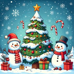 Festive illustration with snowmen, tree, presents, and falling snowflakes