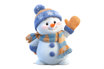 Cheerful snowman waving hello wearing a blue hat and scarf isolated on a white background