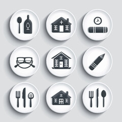 Collection of nine gray graphic icons, each in a white circle on a light background