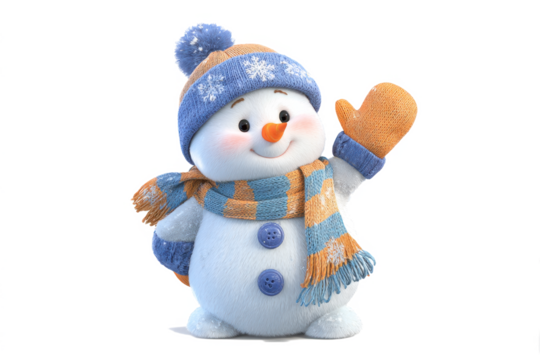 Cheerful snowman waving hello wearing a blue hat and scarf isolated on a white background