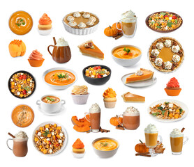 Collection of dishes, desserts and drinks made with pumpkin isolated on white