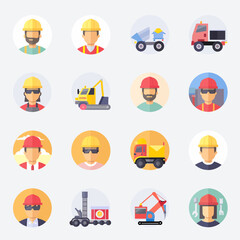 A collection of sixteen circular icons featuring construction workers, equipment, and vehicles