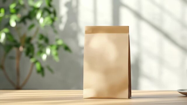 Paper bag packaging mockup without design and fresh leaves behind, focusing on packaging, recycling, waste, and natural product ideas.
