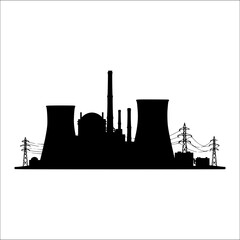 Silhouette of nuclear power plant with cooling towers and smoke, concept of energy production, pollution, environment, industry, sustainability, background design, educational and editorial use