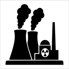 Silhouette of nuclear power plant with cooling towers and smoke, concept of energy production, pollution, environment, industry, sustainability, background design, educational and editorial use