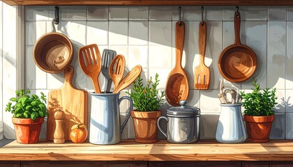 A cozy kitchen shelf, filled with cookware, herbs, and utensils