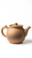 A rustic, unglazed brown ceramic teapot with a handle and spout, set against a white background.