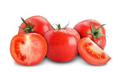 Fototapeta premium Fresh tomatoes isolated on white. Whole and sliced