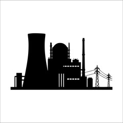 Silhouette of nuclear power plant with cooling towers and smoke, concept of energy production, pollution, environment, industry, sustainability, background design, educational and editorial use