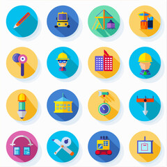 A vibrant collection of flat design construction and architecture icons