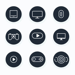 Nine circular icons with white outline illustrations representing electronic devices and multimedia symbols