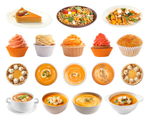 Pumpkin as seasonal main ingredient of different dishes, desserts and drinks. Collection on white background