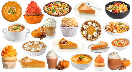 Different dishes, desserts and drinks made with pumpkin. Collection on white background. Seasonal menu