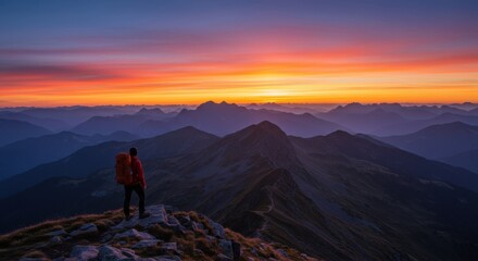 Fototapeta premium Adventurer observing stunning mountain landscape at dawn for international mountain day inspiration