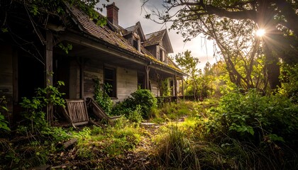 Dilapidated two-story house, overgrown with vegetation, sunlit