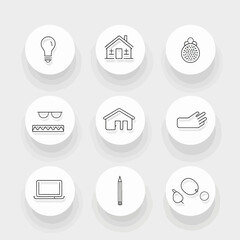 Nine white circles with outlined icons of various objects against a gray backdrop